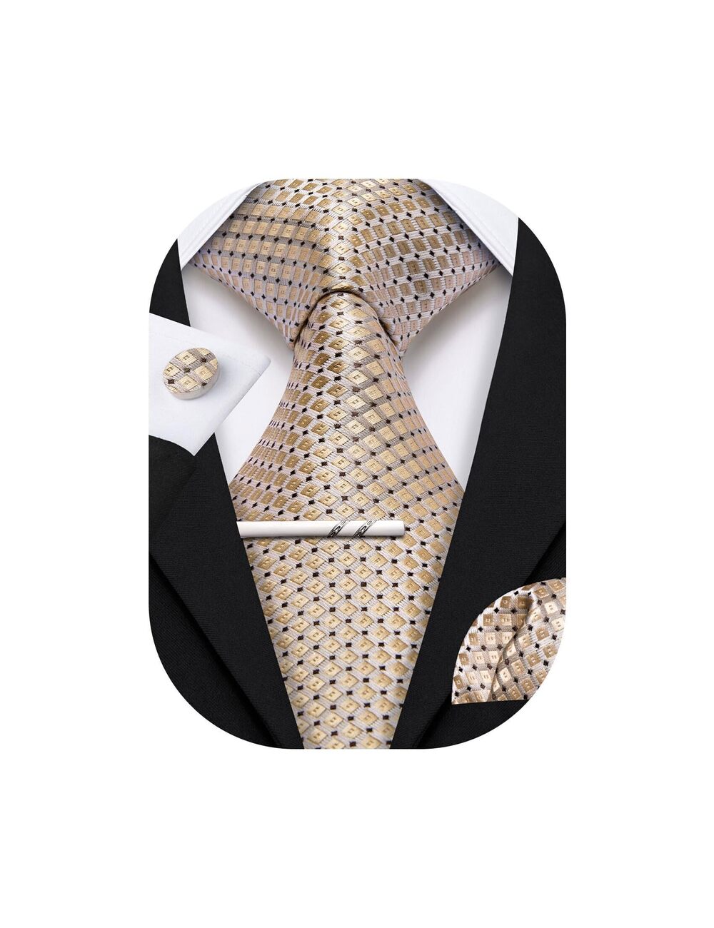 9619 Champagne Gold Tie with Tie Clip Plaid Silk Necktie Pocket Square
